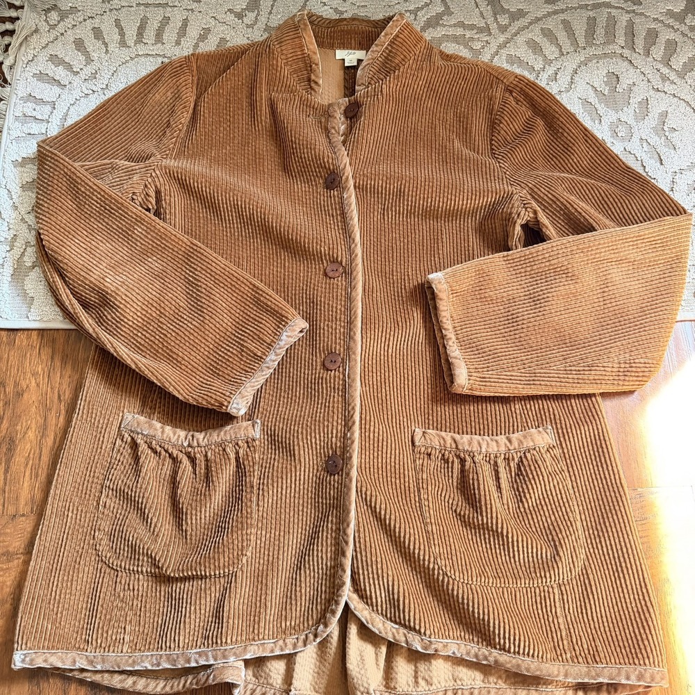 J. Jill Brown Corduroy Jacket Womens M Pleated Back Velvet Trim Button Front